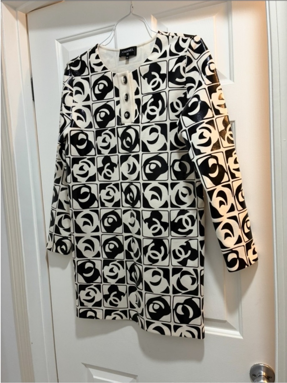 CHANEL Black and White Graphic Long Sleeve Tunic Dress